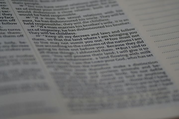 Close-up view of Holy Bible text with soft focus creating a spiritual ambiance.